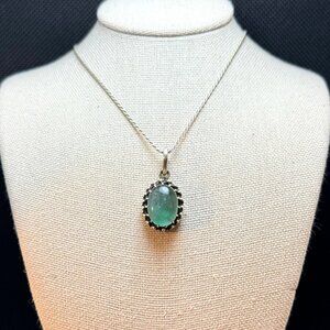 Sterling Silver 925 Green Quartz Beaded Border Pendant Necklace Size 16'' Length